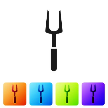 Beyaz arkaplanda siyah barbekü çatalı simgesi izole edildi. Mangal çatalı işareti. Barbekü ve ızgara aleti. Renkli kare düğmelerle simgeleri ayarla. Vektör İllüstrasyonu