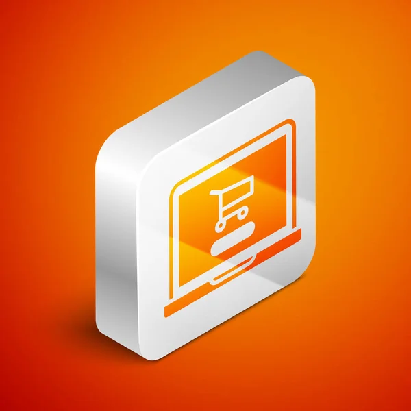 Isometrische Warenkorb Auf Dem Bildschirm Laptop Symbol Isoliert Auf Orangefarbenem — Stockvektor
