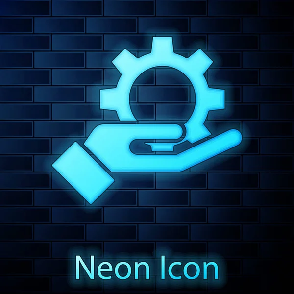 Glödande Neon Hand Inställningar Redskap Ikon Isolerad Tegel Vägg Bakgrund — Stock vektor