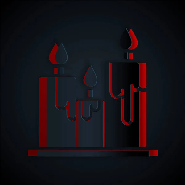 Corte Papel Icono Velas Ardientes Aisladas Sobre Fondo Negro Vara — Vector de stock