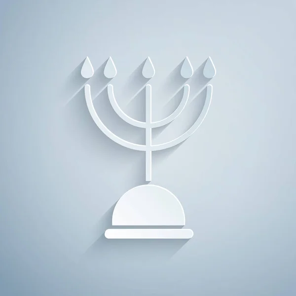Papel Corte Hanukkah Menorah Icono Aislado Sobre Fondo Gris Hanukkah — Vector de stock