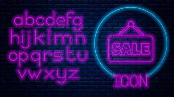 Glowing Neon Hanging Sign Text Sale Icon Isolated Brick Wall — Stock Vector