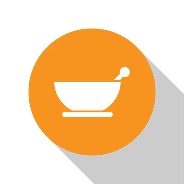 White Mortar Pestle Icon Isolated White Background Orange Circle Button — Stock Vector