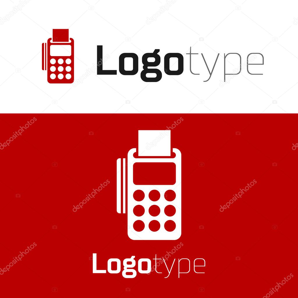 Red POS terminal with inserted credit card and printed reciept icon isolated on white background. NFC payment concept. Logo design template element. Vector Illustration