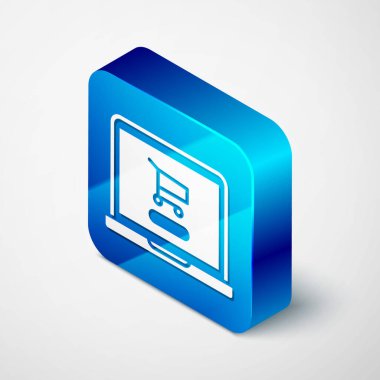 Ekran dizüstü bilgisayarındaki Isometric alışveriş arabası gri arkaplanda izole edilmiş. Konsept e-ticaret, e-ticaret, online iş pazarlama. Mavi kare düğme. Vektör İllüstrasyonu
