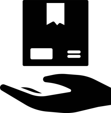 Beyaz arkaplanda izole edilmiş karton kutular simgesi olan Kara Teslimat eli. Kuryeyle kapı kapı dolaşacağız. Vektör İllüstrasyonu