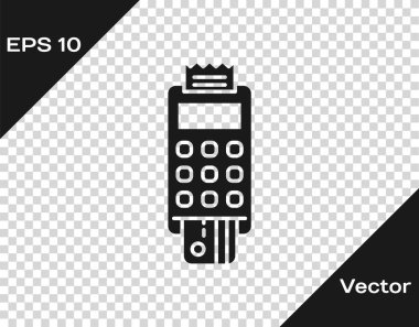 Şeffaf arkaplanda siyah POS terminali, eklenmiş kredi kartı ve yazdırılmış alıcı simgesi var. NFC ödeme konsepti. Vektör İllüstrasyonu