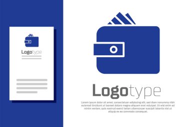 Üzerinde kağıt para desteleri olan mavi cüzdan beyaz arka planda izole edilmiş nakit para ikonu. Çanta ikonu. Nakit tasarruf sembolü. Logo tasarım şablonu elemanı. Vektör İllüstrasyonu