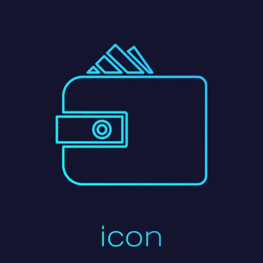 Mavi arka planda izole edilmiş kağıt para ikonu içeren turkuaz bir cüzdan. Çanta ikonu. Nakit tasarruf sembolü. Vektör İllüstrasyonu