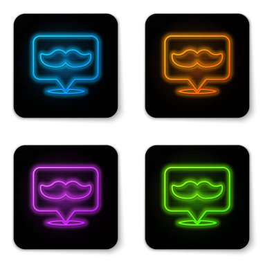 Parlayan neon renkli berber dükkanı simgesi beyaz arka planda izole edildi. Kuaför logosu ya da tabela. Siyah kare düğme. Vektör İllüstrasyonu