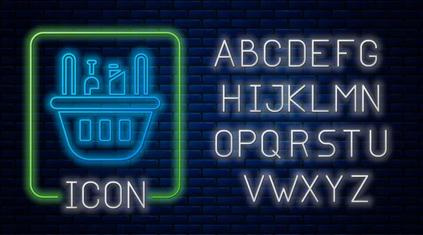 レンガの壁の背景に隔離されたネオンショッピングバスケットや食品アイコンを輝く 食料品店スーパーマーケット ネオンライトアルファベット ベクターイラスト — ストックベクタ
