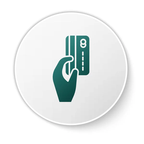 Green Human Hand Holding Met Credit Card Pictogram Geïsoleerd Witte — Stockvector