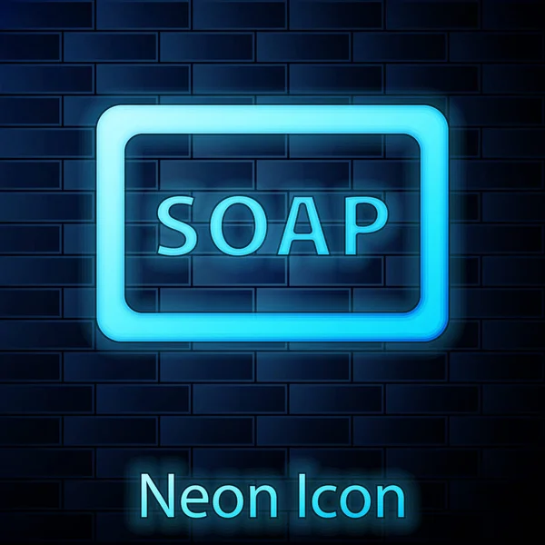 Glowing Neon Bar Soap Foam Icon Isolated Brick Wall Background — Stock Vector