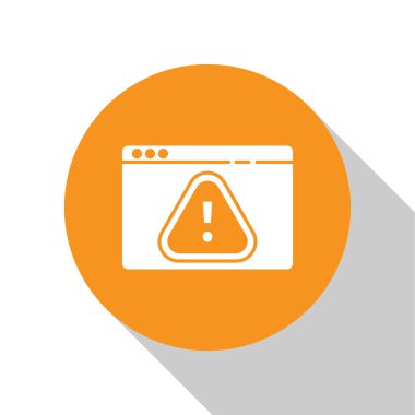 Beyaz arkaplanda ünlem işareti simgesi olan beyaz tarayıcı. Uyarı mesajı akıllı telefon uyarısı. Turuncu daire düğmesi. Vektör İllüstrasyonu