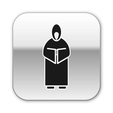 Siyah Monk simgesi beyaz arkaplanda izole edildi. Gümüş kare düğme. Vektör İllüstrasyonu