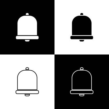 Kilise çan simgesini siyah beyaz arkaplanda ayır. Alarm sembolü, servis zili, el zili işareti, uyarı sembolü. Vektör İllüstrasyonu