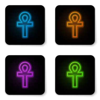 Parlayan neon haçı ankh simgesi beyaz arkaplanda izole edildi. Siyah kare düğme. Vektör İllüstrasyonu