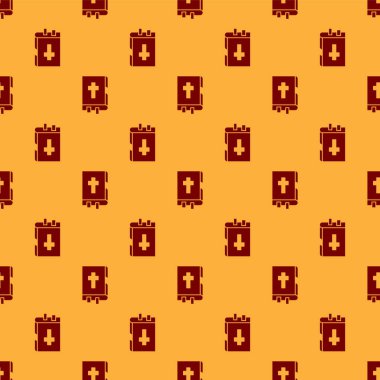 Kırmızı kutsal kitap ikonu kahverengi arka planda izole edilmiş kusursuz desen. Vektör İllüstrasyonu