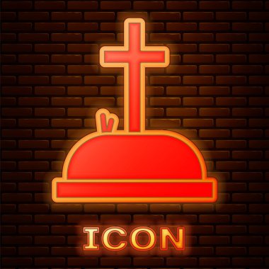 Tuğla duvar arka planda izole çapraz simgesi ile parlayan Neon Tombstone. Mezar simgesi. Vektör Illustration