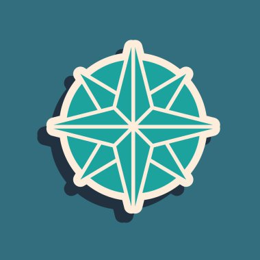 Yeşil Rüzgar gül simgesi yeşil arkaplanda izole edildi. Seyahat için pusula simgesi. Navigasyon tasarımı. Uzun gölge tarzı. Vektör İllüstrasyonu