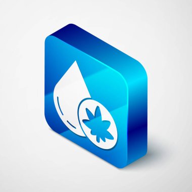 Isome Tıbbi marihuana veya kenevir yaprağı zeytinyağı damlası ikonu gri arka planda izole edilmiş. Esrar özütü. Kenevir sembolü. Mavi kare düğme. Vektör İllüstrasyonu