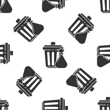 Gri çöp tenekesi ve çöp torbası ikonu beyaz arka planda izole edilmiş kusursuz desen. Çöp kutusu tabelası. Sepet simgesini geri dönüştür. Ofis çöpü ikonu. Vektör İllüstrasyonu