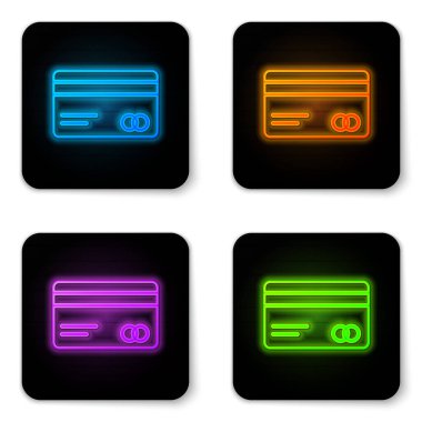 Parlayan neon kredi kartı simgesi beyaz arkaplanda izole edildi. Çevrimiçi ödeme. Nakit çekilmesi. Finansal operasyonlar. Alışveriş tabelası. Siyah kare düğme. Vektör İllüstrasyonu