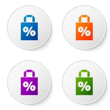 Beyaz arkaplanda% 100 indirim simgesi olan renkli Shoping torbası. El çantası işareti. Simgeleri daire düğmelerine ayır. Vektör İllüstrasyonu