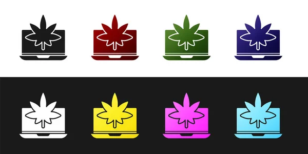 Laptop Und Medizinisches Marihuana Oder Cannabisblatt Auf Schwarz Weißem Hintergrund — Stockvektor