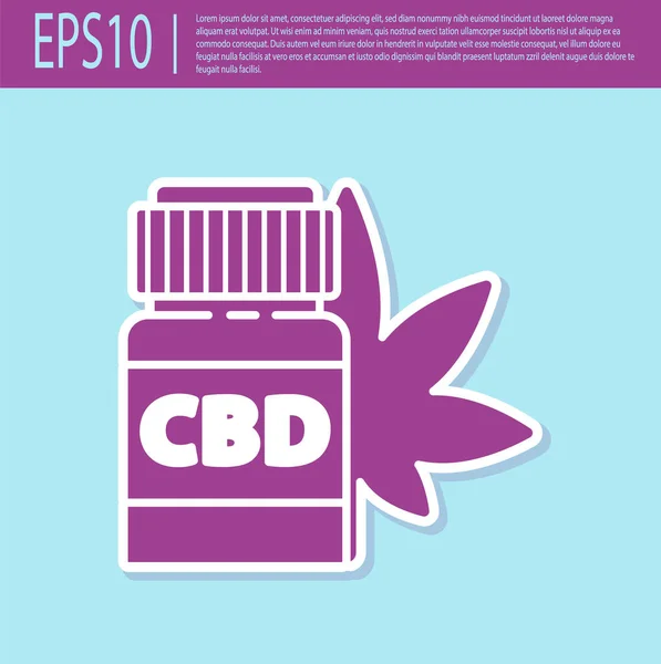 复古紫色药瓶与大麻或大麻叶图标分离的绿松石背景 在罐子里调味大麻油提取物 病媒图解 — 图库矢量图片