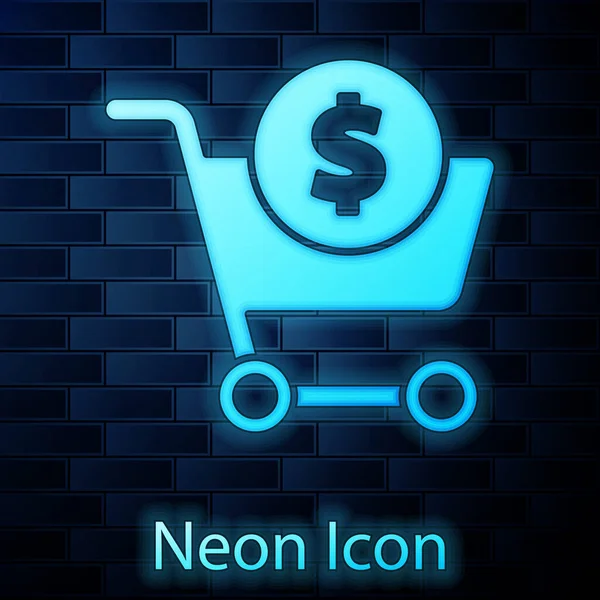 Glowing Neon Shopping Cart Dollar Symbol Icon Isolated Brick Wall — Stock Vector