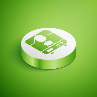 Isometric X-ray makinesi simgesi yeşil arkaplanda izole edildi. Beyaz daire düğmesi. Vektör İllüstrasyonu