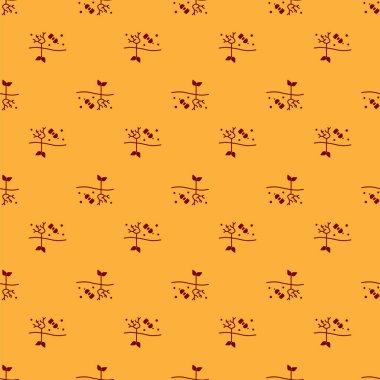 Kırmızı, gezegen ikonunun kirliliği sorunu kahverengi arkaplandaki pürüzsüz deseni izole etti. Çöpler, plastikler, gezegendeki poşetler. Vektör İllüstrasyonu