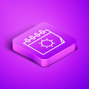 Isometric çizgi takvimi ve güneş simgesi mor arkaplanda izole edildi. Olay hatırlatma sembolü. Mor kare düğme. Vektör İllüstrasyonu