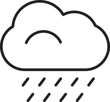 Beyaz zemin üzerinde yağmur ikonu olan siyah çizgi bulutu. Yağmur damlaları ile yağmur bulutu yağışı. Vektör İllüstrasyonu