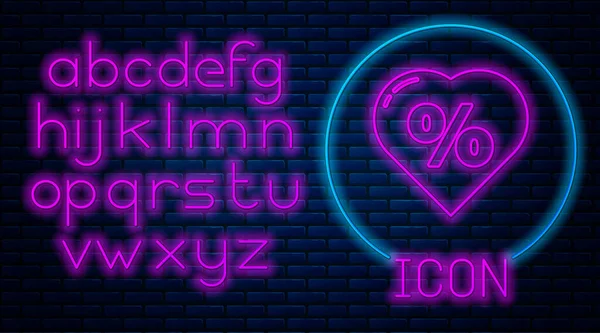 Illuminante Neon Sconto Cento Tag Icona Del Cuore Isolato Sfondo — Vettoriale Stock