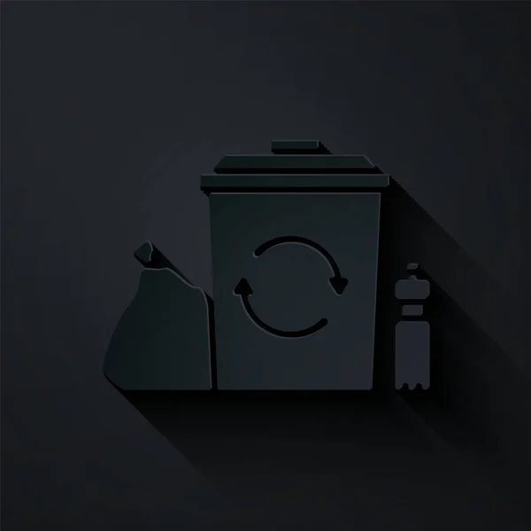 紙カット黒の背景に隔離されたリサイクルシンボルアイコンを持つごみ箱 ゴミはアイコンになるゴミのゴミ箱の看板 リサイクルバスケット紙のアートスタイル ベクターイラスト — ストックベクタ