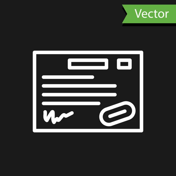 Línea Blanca Icono Plantilla Certificado Garantía Aislado Sobre Fondo Negro — Vector de stock