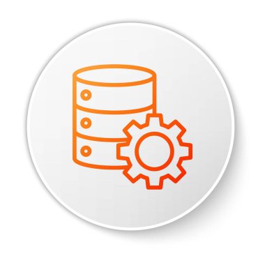 Turuncu çizgi sunucusu ve dişli simgesi beyaz arkaplanda izole edildi. Uygulama, servis konsepti, ayar seçenekleri, bakım, onarım, onarım. Beyaz daire düğmesi. Vektör İllüstrasyonu