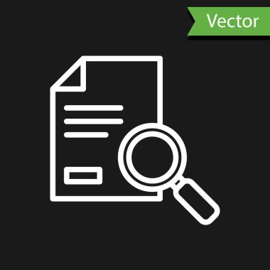 Siyah arkaplanda arama simgesine sahip beyaz çizgi belgesi. Dosya ve büyüteç simgesi. Analitik araştırma işareti. Vektör İllüstrasyonu