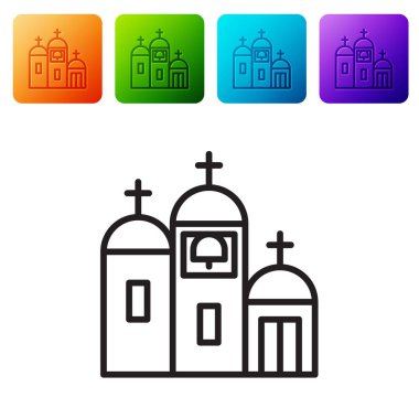 Siyah çizgi kilise binası ikonu beyaz arka planda izole edilmiş. Hıristiyan Kilisesi. Kilisenin dini. Renkli kare düğmelerle simgeleri ayarla. Vektör İllüstrasyonu