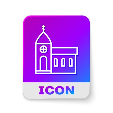 Beyaz çizgi kilise binası simgesi beyaz arka planda izole edildi. Hıristiyan Kilisesi. Kilisenin dini. Dikdörtgen renk düğmesi. Vektör İllüstrasyonu