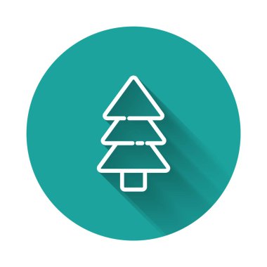 Beyaz çizgi ağaç simgesi uzun gölgeli izole edilmiş. Orman sembolü. Yeşil daire düğmesi. Vektör İllüstrasyonu