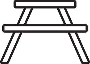 Siyah çizgi piknik masası, masa simgesinin her iki tarafında da beyaz arka planda izole sıralar var. Vektör İllüstrasyonu