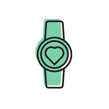 Siyah çizgi Akıllı saat beyaz arkaplanda kalp atış hızı simgesini gösteriyor. Fitness uygulaması konsepti. Vektör İllüstrasyonu