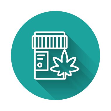 Beyaz çizgi tıbbi şişe marihuana veya kenevir yaprağı ikonu uzun gölgeli. Kavanozlardaki kenevir yağı özlerini taklit et. Yeşil daire düğmesi. Vektör İllüstrasyonu