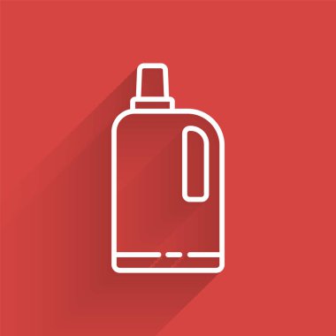 Beyaz çizgi kumaş yumuşatıcı simgesi uzun gölgeli izole edilmiş. Sıvı çamaşır deterjanı, saç kremi, temizlik maddesi, çamaşır suyu. Vektör İllüstrasyonu