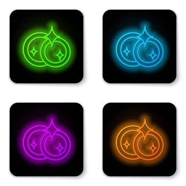 Parlayan neon hattı, bulaşık yıkama simgesi beyaz arka planda izole edildi. Bulaşık yıkama ikonu. Bulaşık makinesi tabelası. Masa takımı tabelası temiz. Siyah kare düğme. Vektör İllüstrasyonu