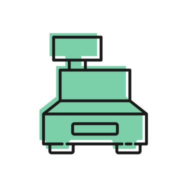 Siyah çizgi yazar kasa, beyaz arka planda izole edilmiş bir çek simgesi var. Kasiyer tabelası. Tabut sembolü. Vektör İllüstrasyonu