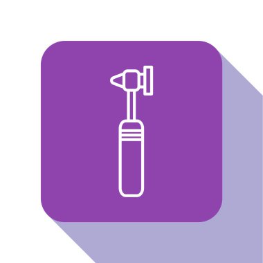 Beyaz çizgi tıbbi otoskop aracı simgesi beyaz arkaplanda izole edildi. Tıbbi alet. Mor kare düğme. Vektör İllüstrasyonu